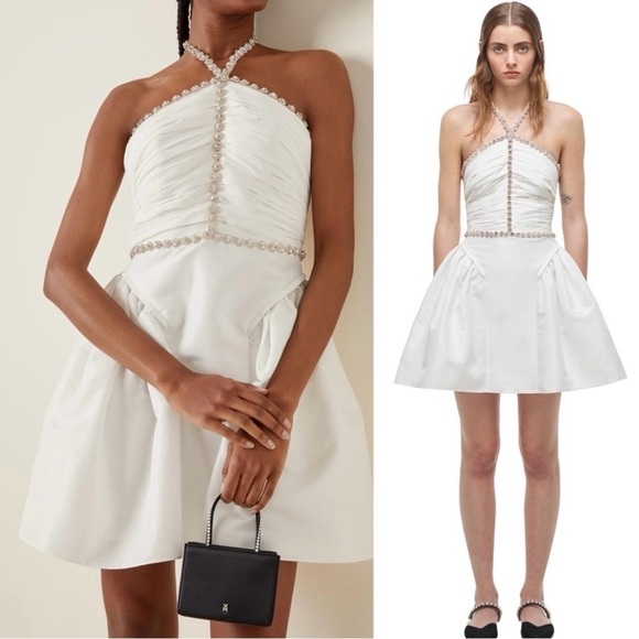 NEW! Self-Portrait- Diamante Trim White Taffeta Minidress Halter Neck Size 2 - Picture 1 of 11